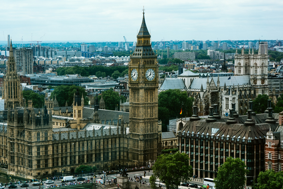 The houses of parliament and big ben, viewed from an elevated angle