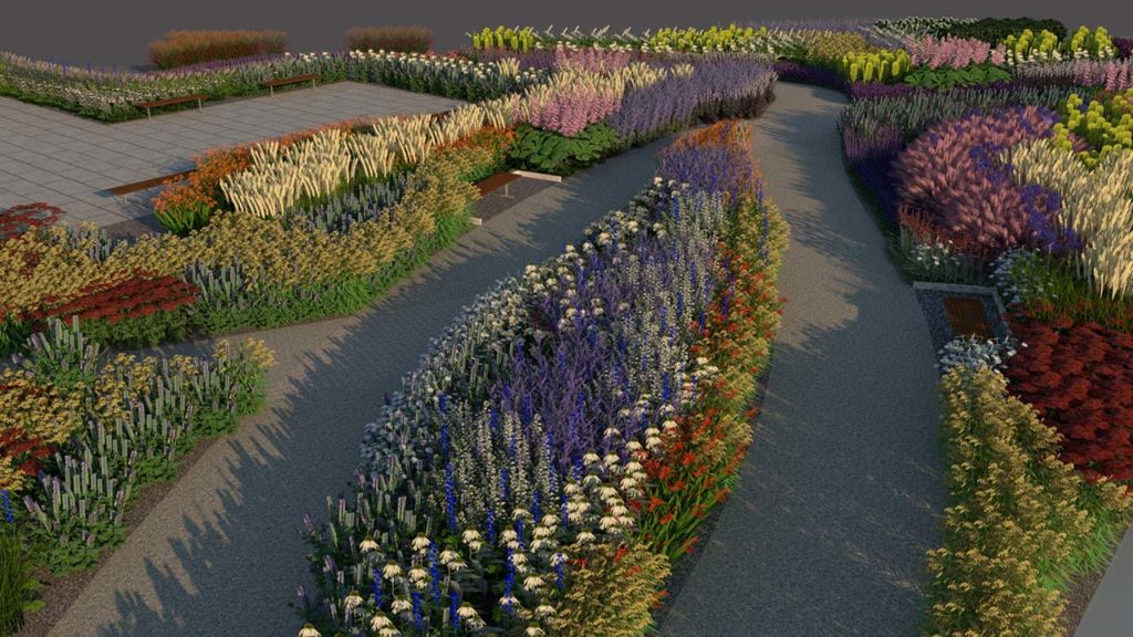 It's the design for the new garden in Birmingham - it's a digital image showing two paths running alongside vibrant flowerbeds which intersect further up. To the left is an open paved space. There are lots of flowers. 