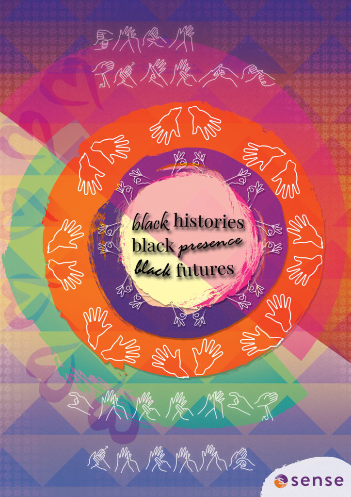 An artwork showing concentric circles, with makaton symbols around two coloured orange and purple rings on a textured background featuring pyramids and hearts. In the middle there's the words 'black histories, black presence, black futures'.