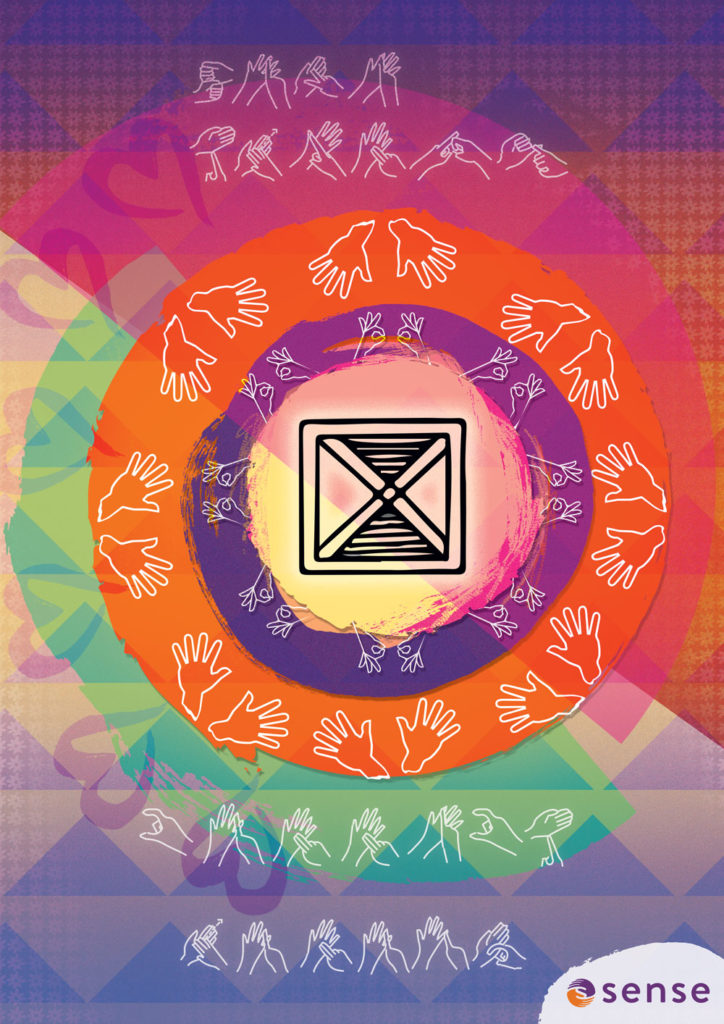 An artwork showing concentric circles, with makaton symbols around two coloured orange and purple rings on a textured background featuring pyramids and hearts. In the middle there's an adrinka symbol signifying fortitude, the theme of the artwork.