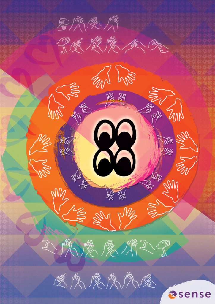 An artwork showing concentric circles, with makaton symbols around two coloured orange and purple rings on a textured background featuring pyramids and hearts. In the middle there's an adrinka symbol signifying wisdom, the theme of the artwork.