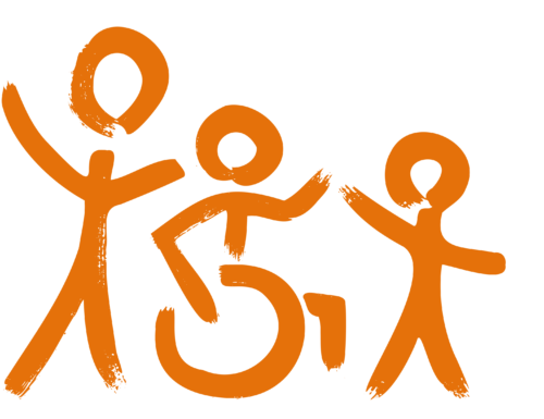 graphic of 3 people - one standing with arms in the air, one in a wheelchair, one is a child