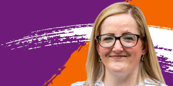 Natalie, a woman with blonde hair and glasses against a purple and orange background
