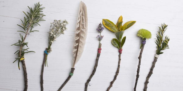 Twigs, leaves, paperclips and a feather