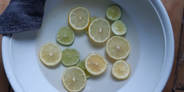 A white bowl filled with water and slices of lemons and limes