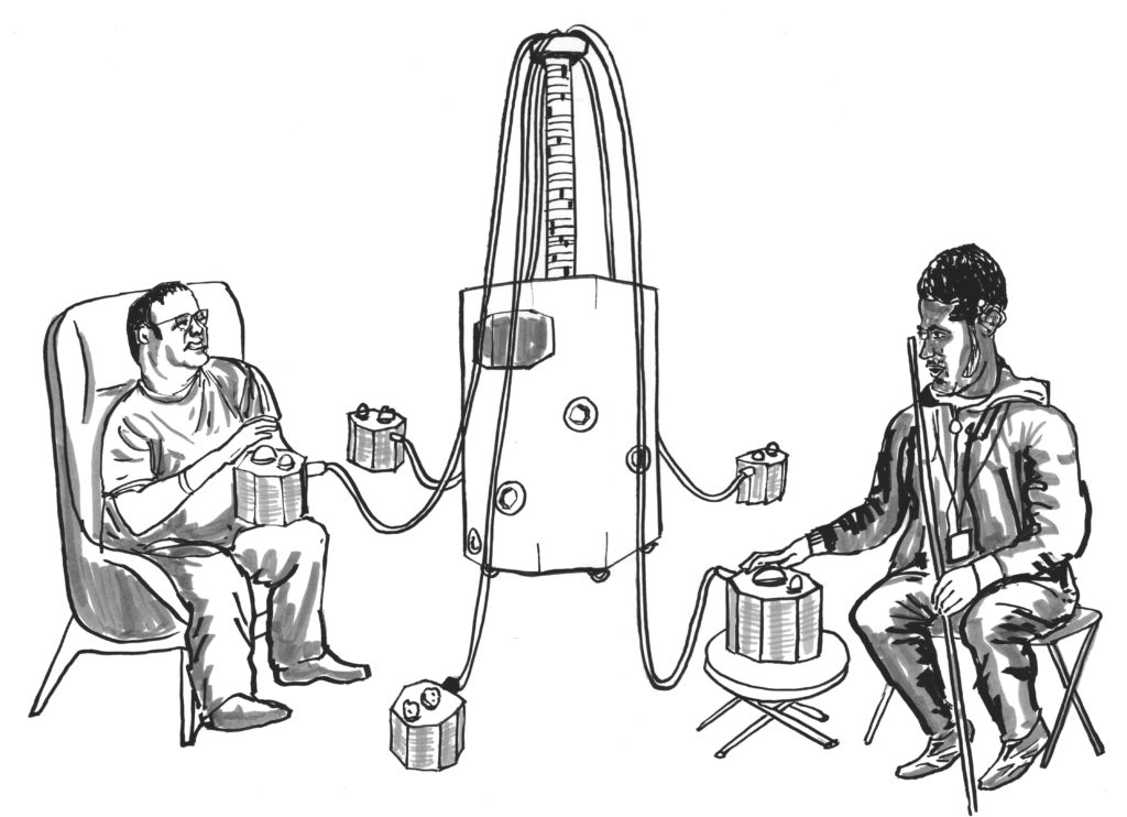 illustration of two people with a machine