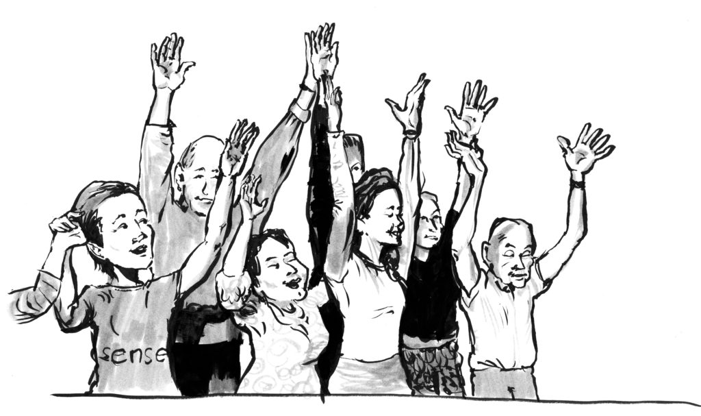 illustration of a group raising their arms in the air