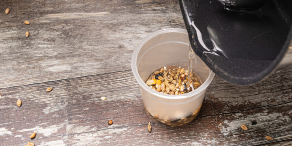 A saucepan and spoon is being used to pour oil over the seeds