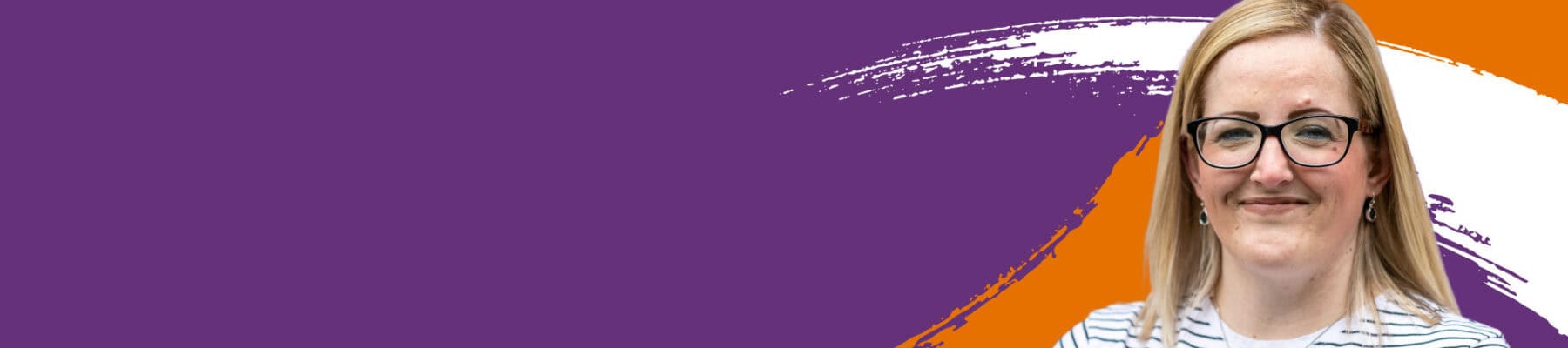A purple and orange banner with a photo of Natalie, a white woman with blonde hair.