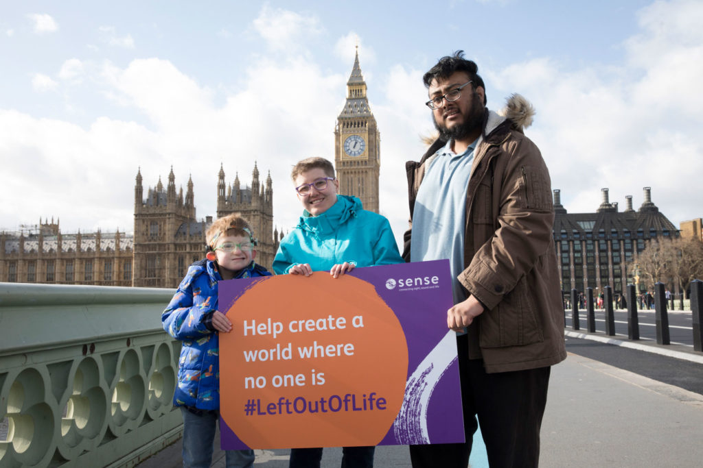 Sense campaigners in front of the Houses of parliament in London