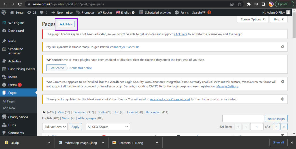 A screenshot of a WordPress page with a purple boarder around an 'add new' button.