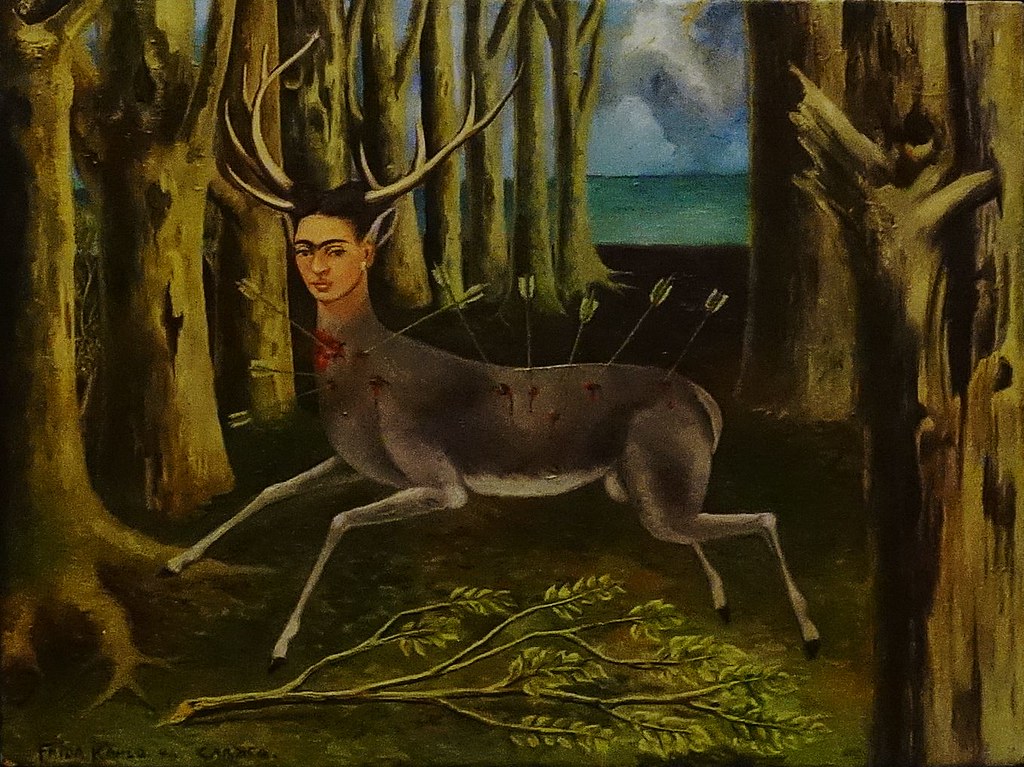 One of Frida Kahlo's paintings, depicting her own head on the body of a deer that has been shot with arrows.