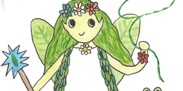 A child's drawing of a fairy with green hair and a lasso