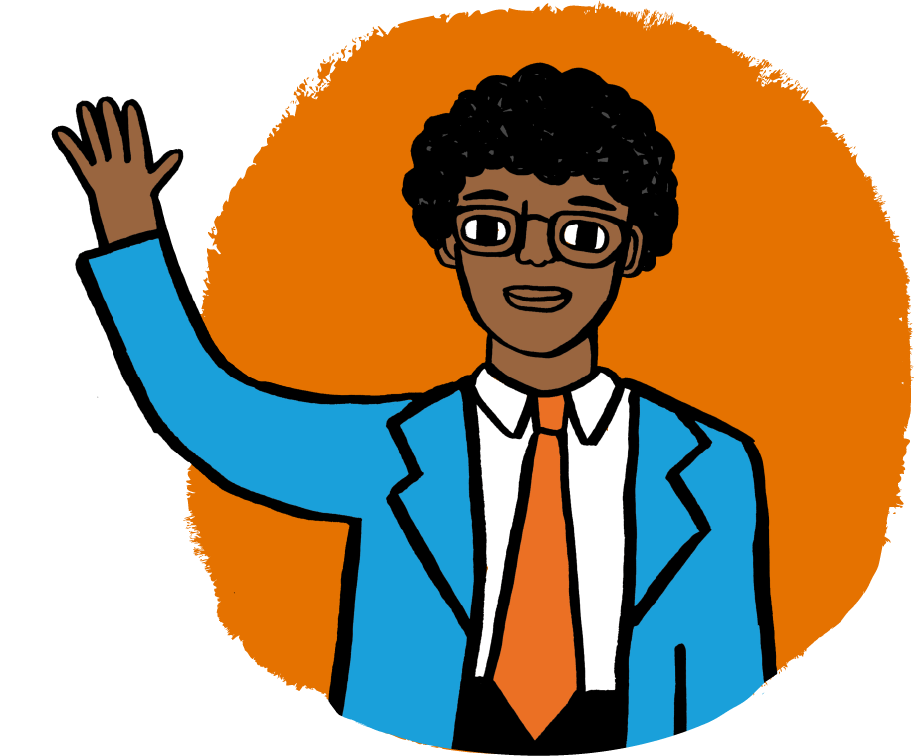 Mr Tyrese waving and wearing a blue blazer and orange tie for Sense Sign School