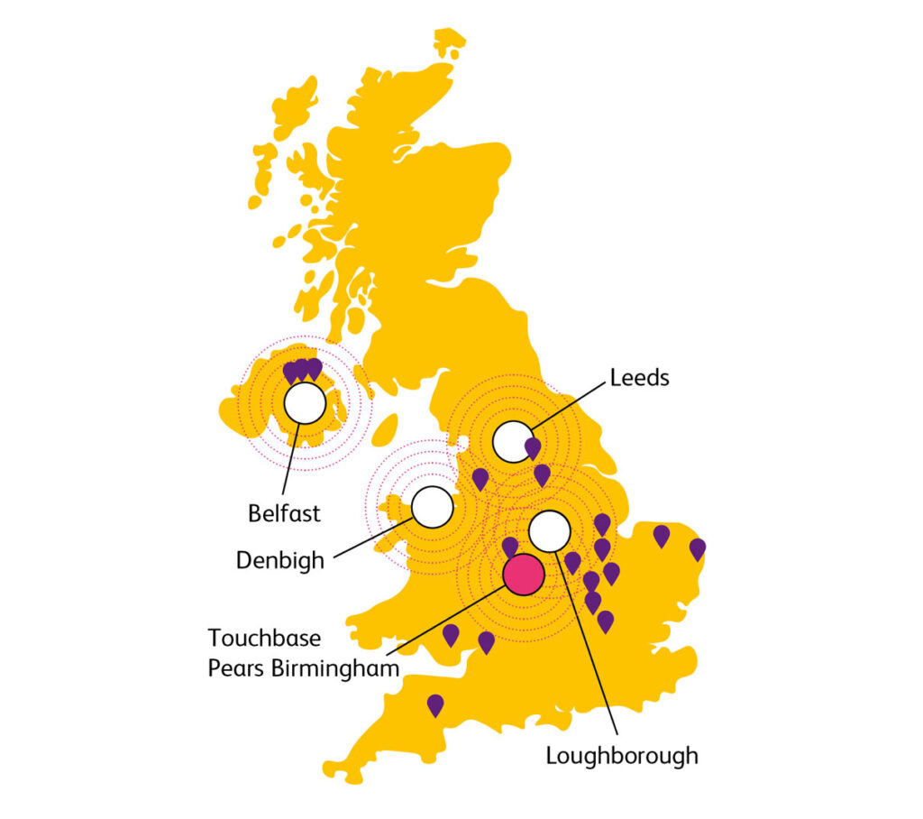 Map of the UK showing our 4 new hubs, our existing hub in Birmingham and our different centres.