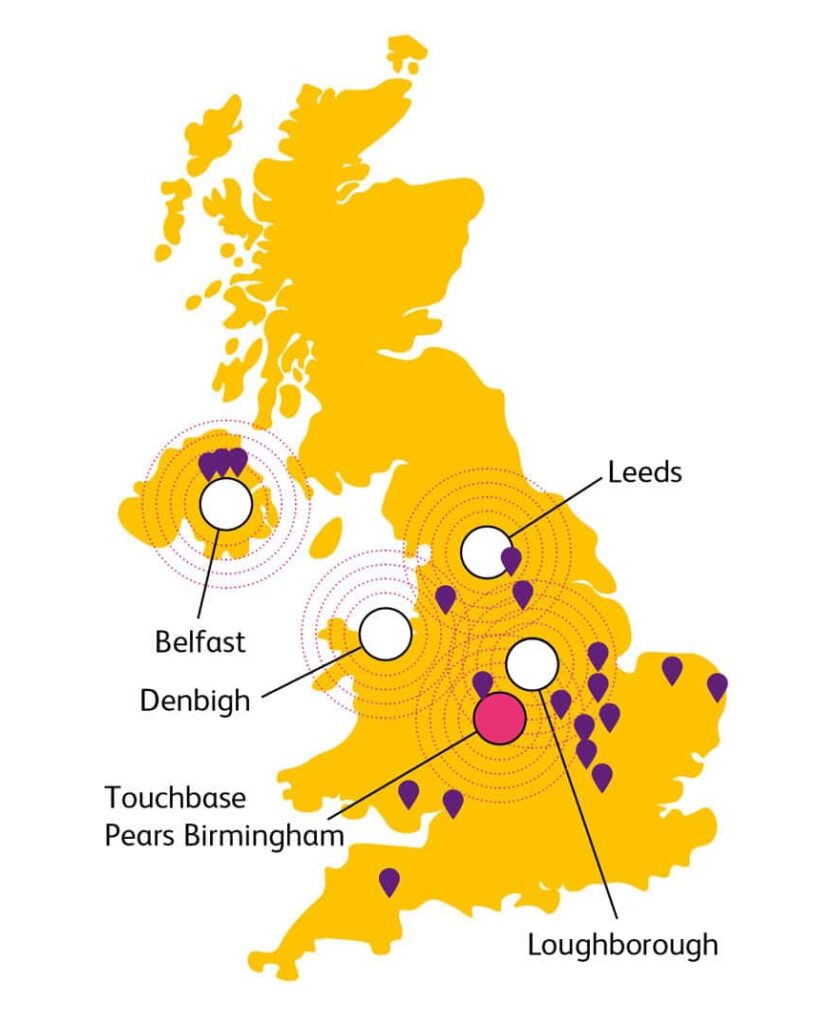 Map of the UK showing our 4 new hubs, our existing hub in Birmingham and our different centres.