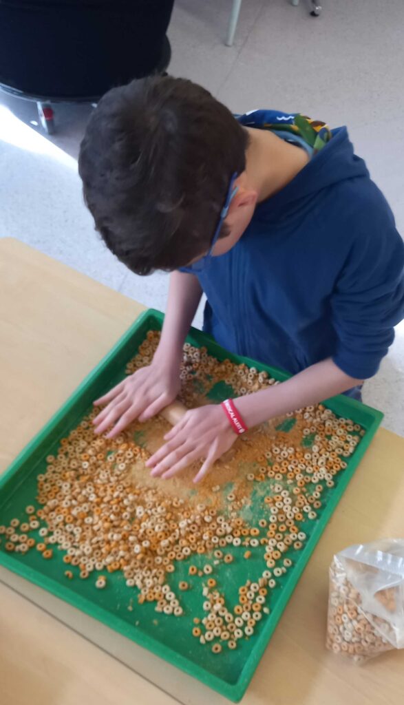 A boy looks closely at dried cereal in a tray