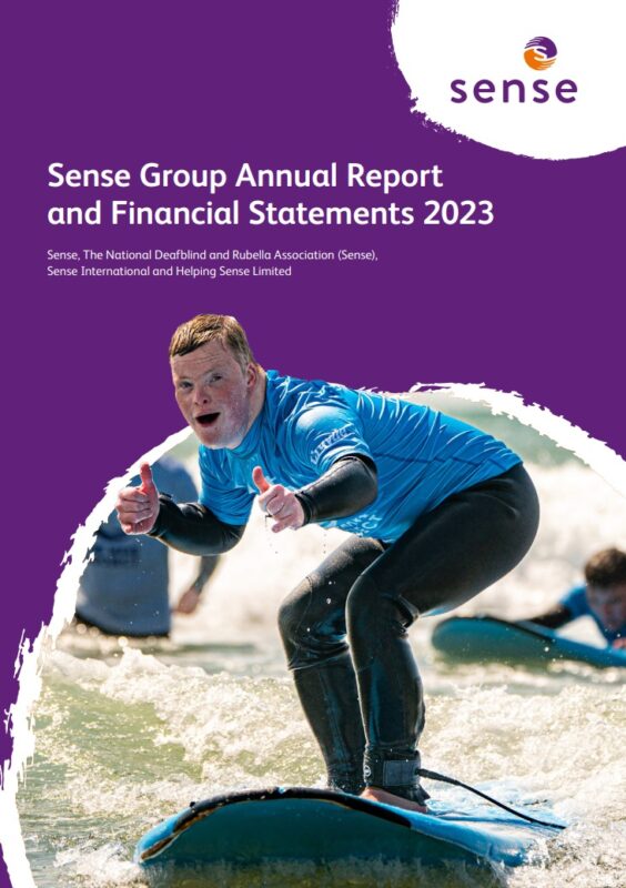 The cover of the annual report shows a man surfing whilst giving the thumbs up. The title is 'Sense Group Annual Report and Financial Statements 2023'