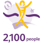 graphic illustration showing a figure running and the text '2,100 people'