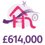graphic illustration showing a children's play structure and the text '£614,000'