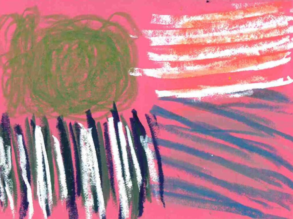 A pink background with blue and white stripes in chalk paint pens