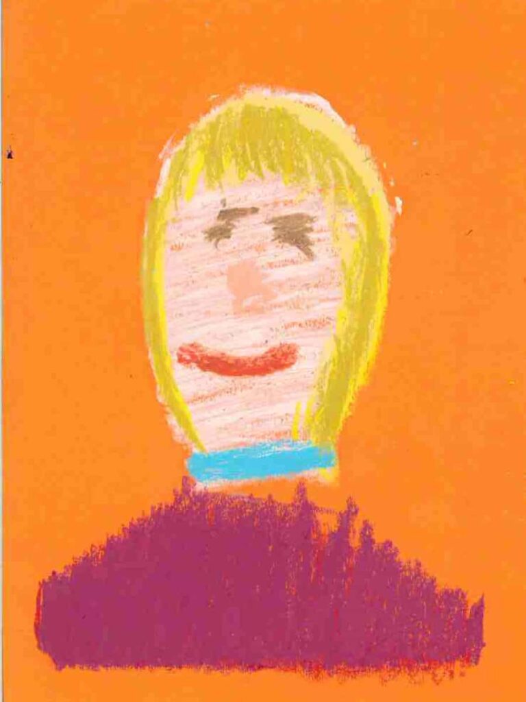 A portrait of a blonde lady wearing a purple top on an orange background