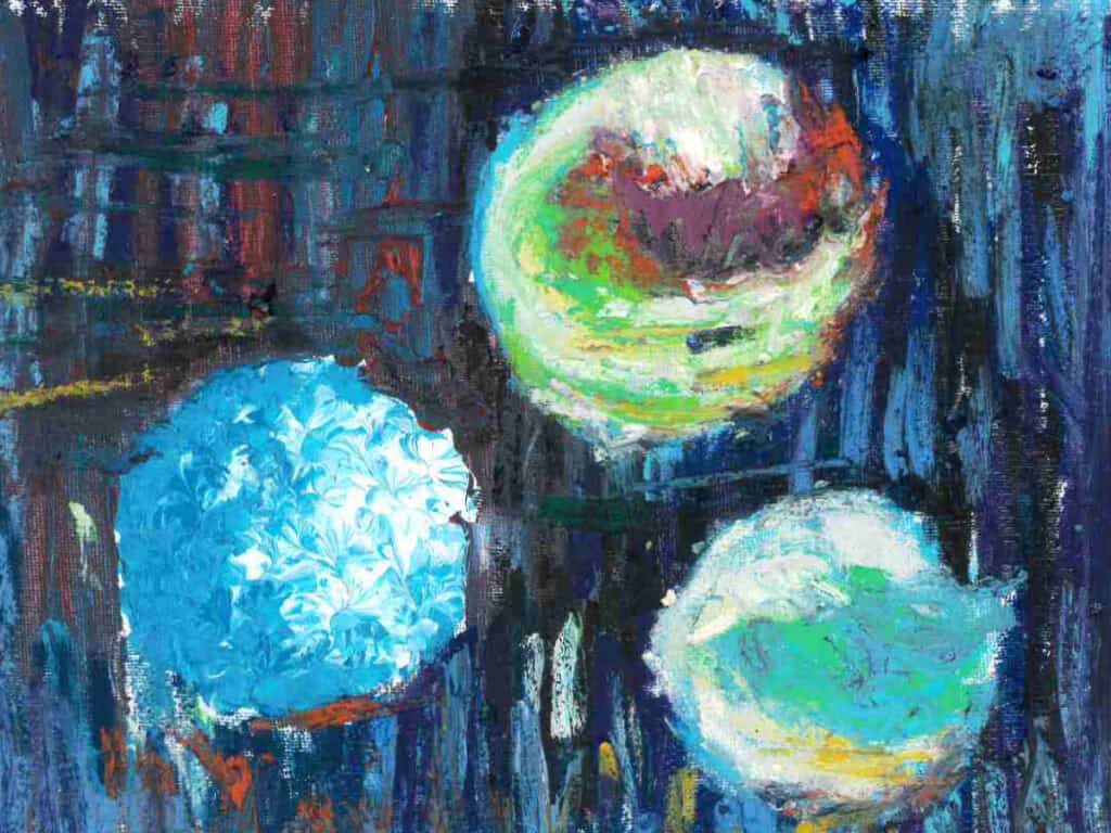 Three blue and green circles on an abstract background of blue and red lines