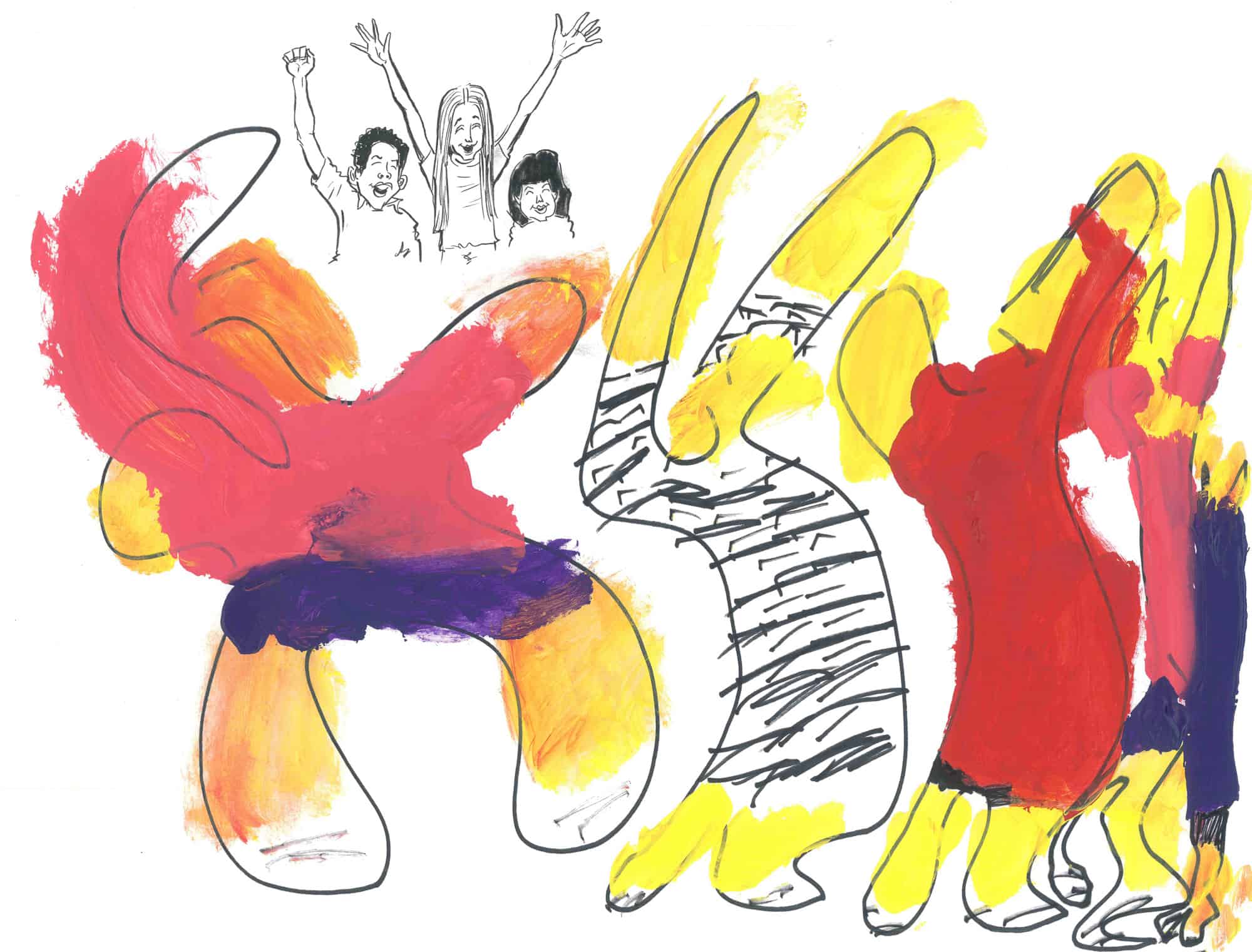 A drawing of three children whooping in the background as jugglers swing their arms in front of them