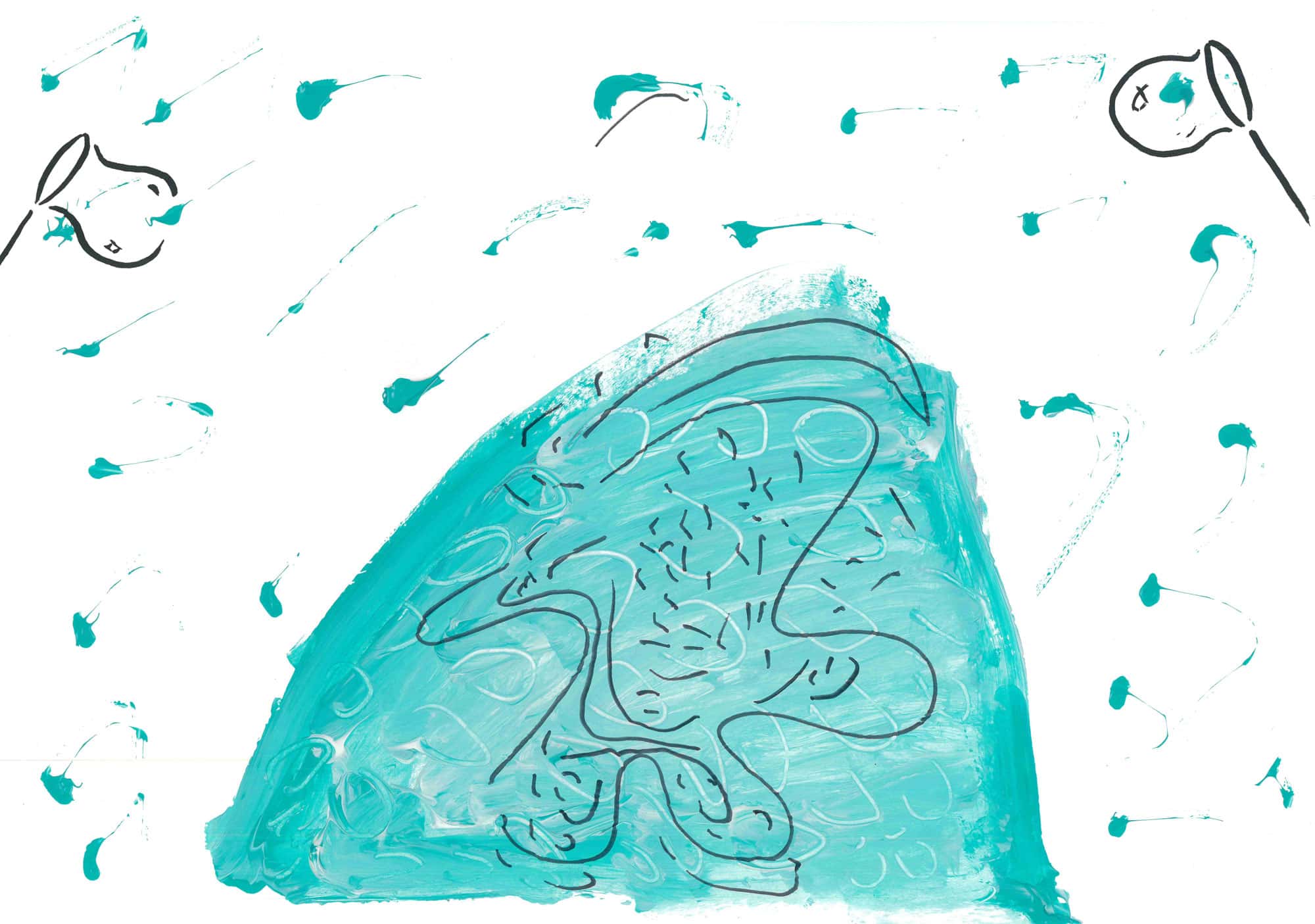 An abstract painting of someone being covered in turquoise bubbles