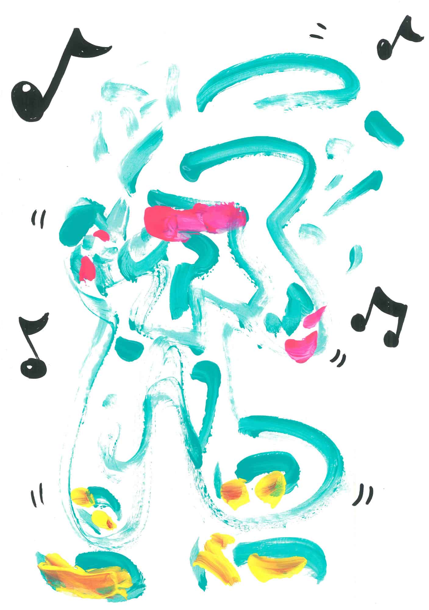 A turquoise line drawing of a person dancing to music