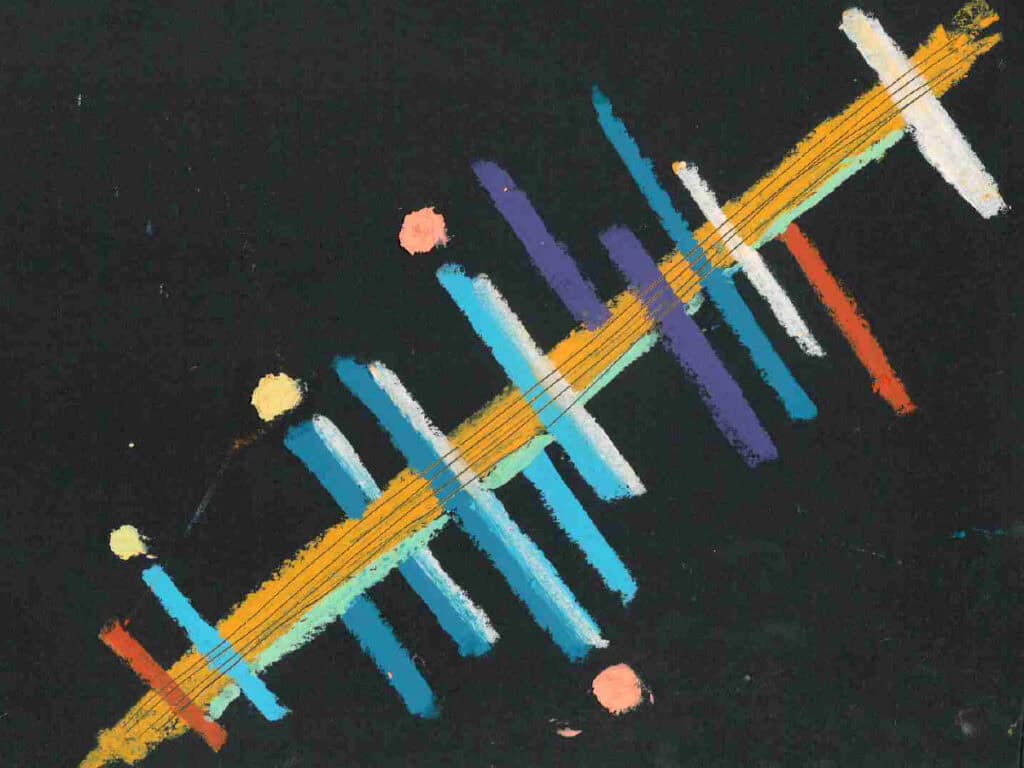 A painting of overlapping colourful, diagonal lines set on a black background