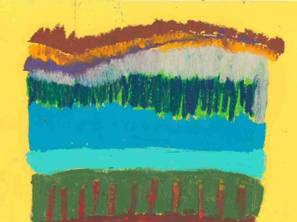 An abstract painting with different coloured stripes, ranging from greens and blues to oranges and browns