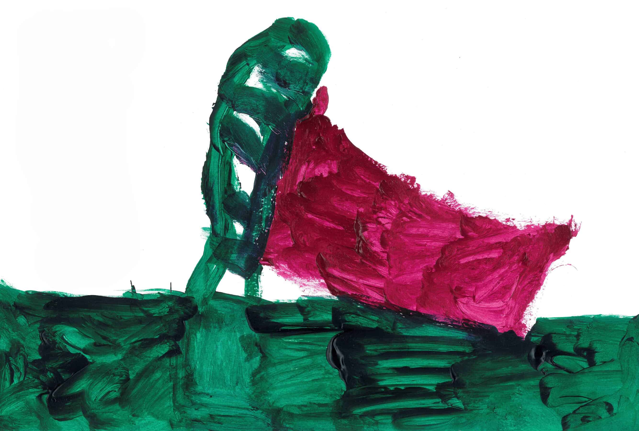 An abstract painting of a green playground with a red slide