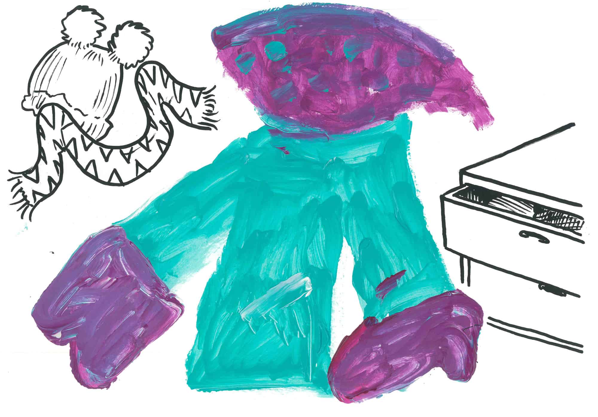 An abstract painting of a person with arms outstretched, as they put away their winter hat and scarf into drawers