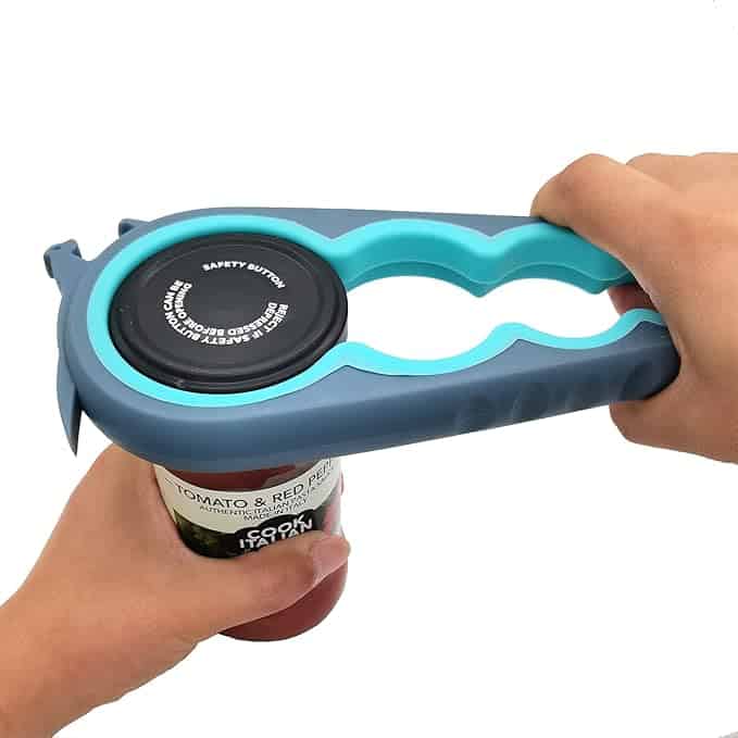 A blue jar opener, shown opening a jar.