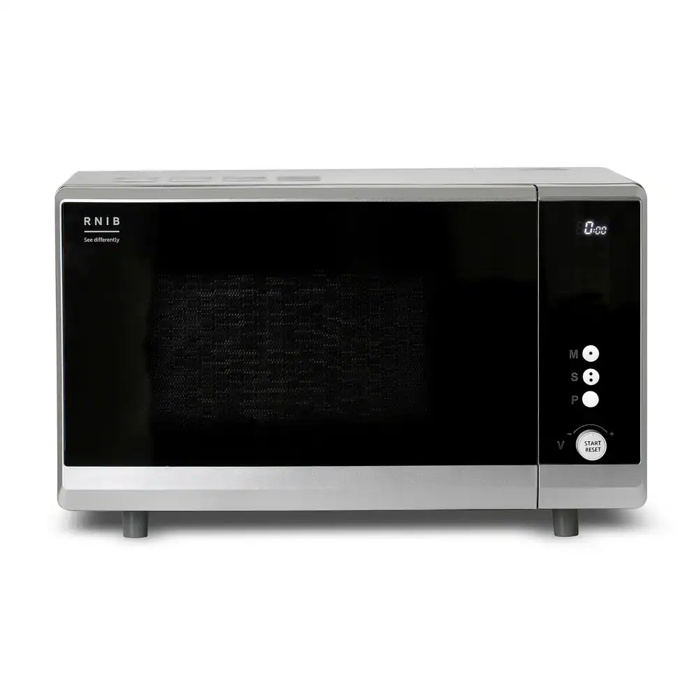 RNIB talking microwave with black front panel and simple tactile buttons designed for blind and partially sighted users.