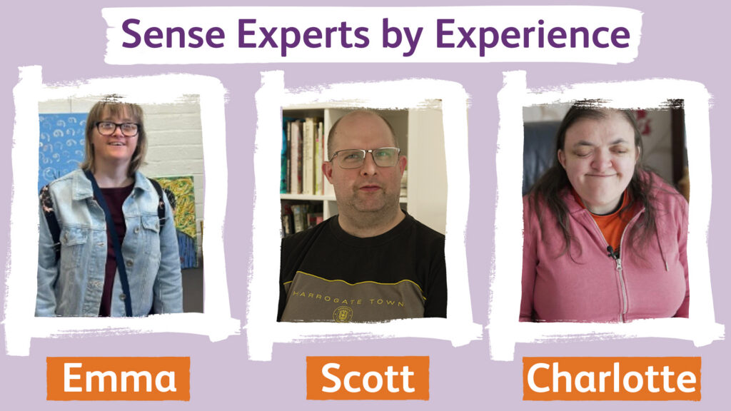 Experts by Experience left to right - Emma, Scott and Charlotte on a purple background in white frames